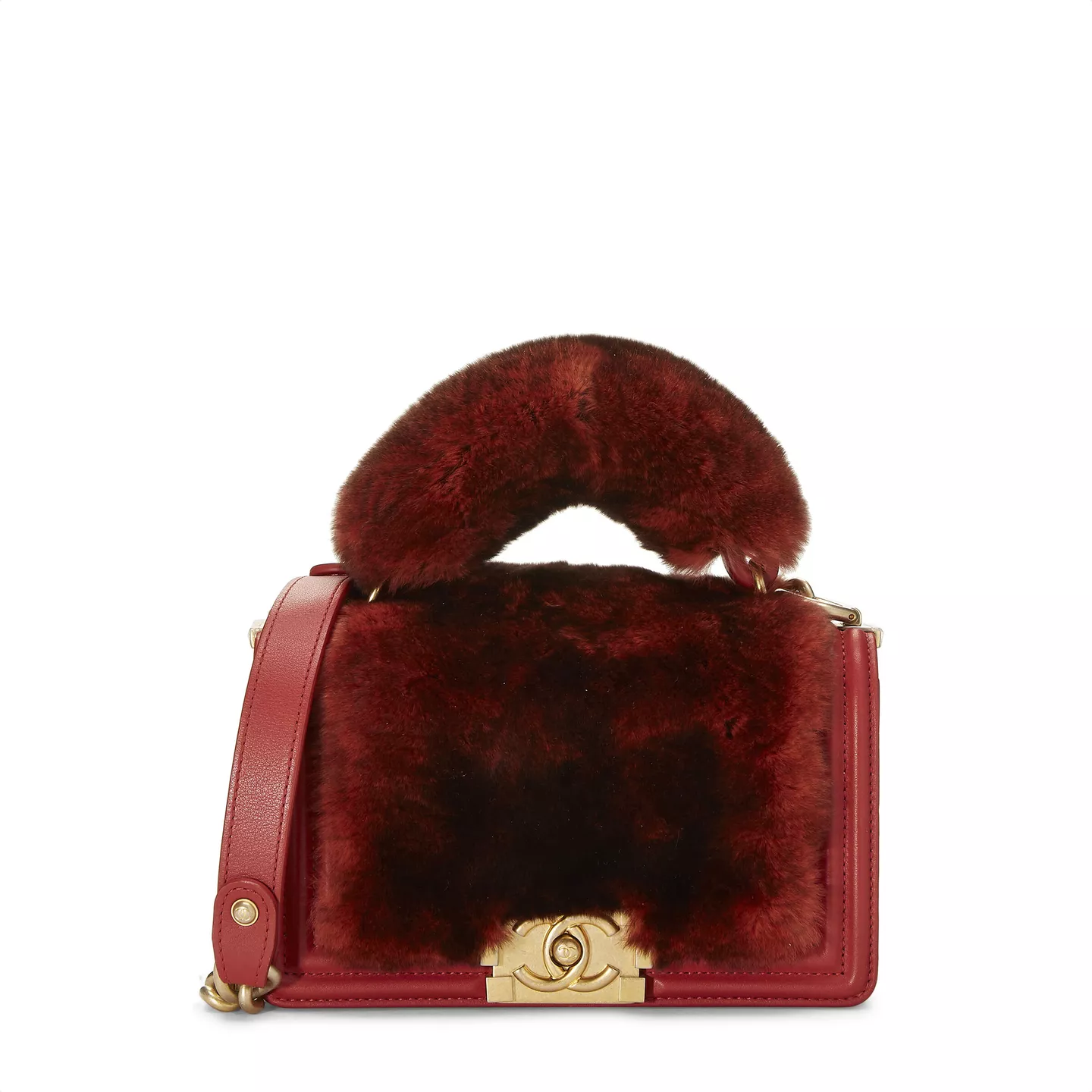 CHANEL PARIS-HAMBURG RED FUR TOP HANDLE BOY BAG SMALL